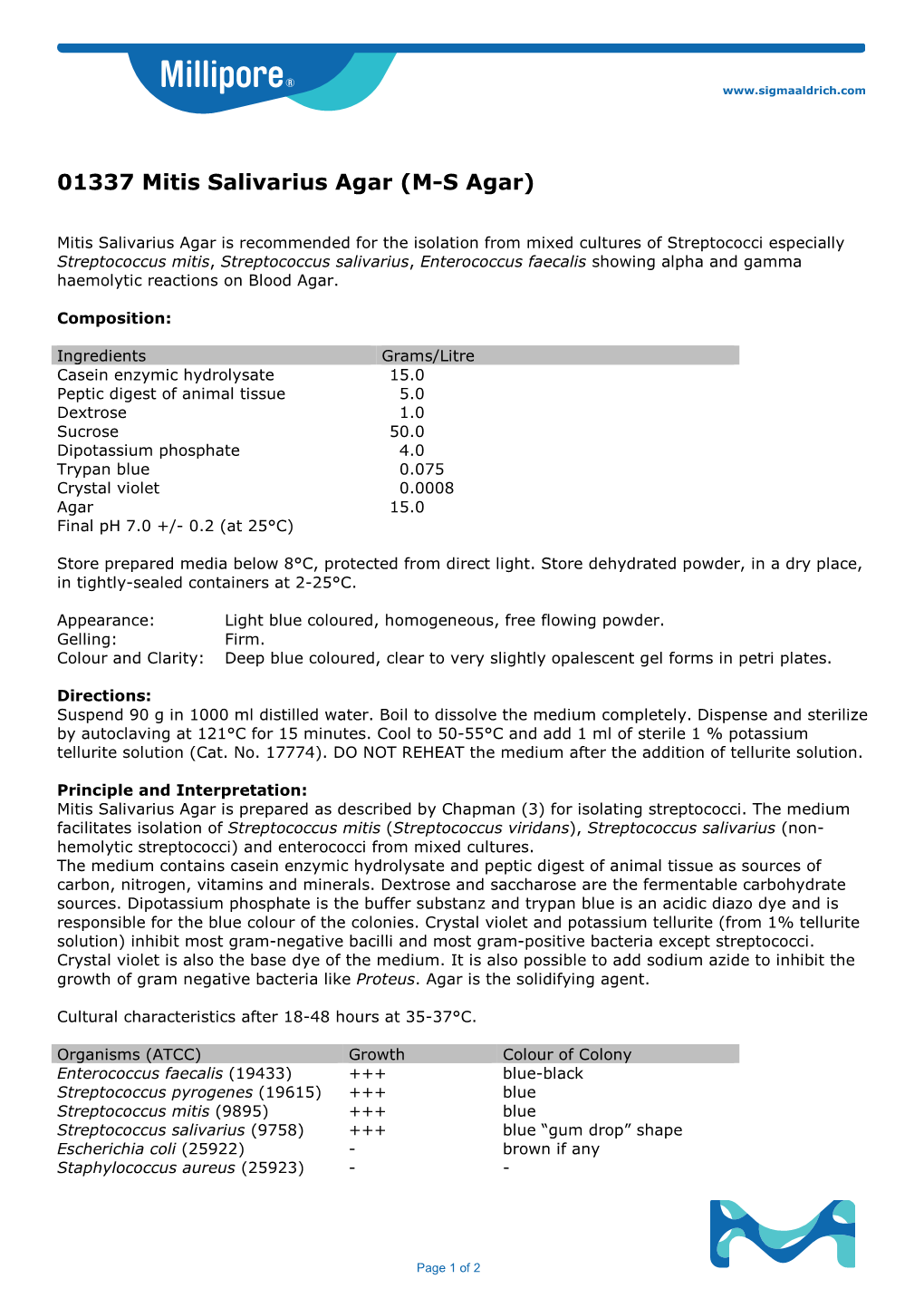 01337 Mitis Salivarius Agar (M-S Agar)