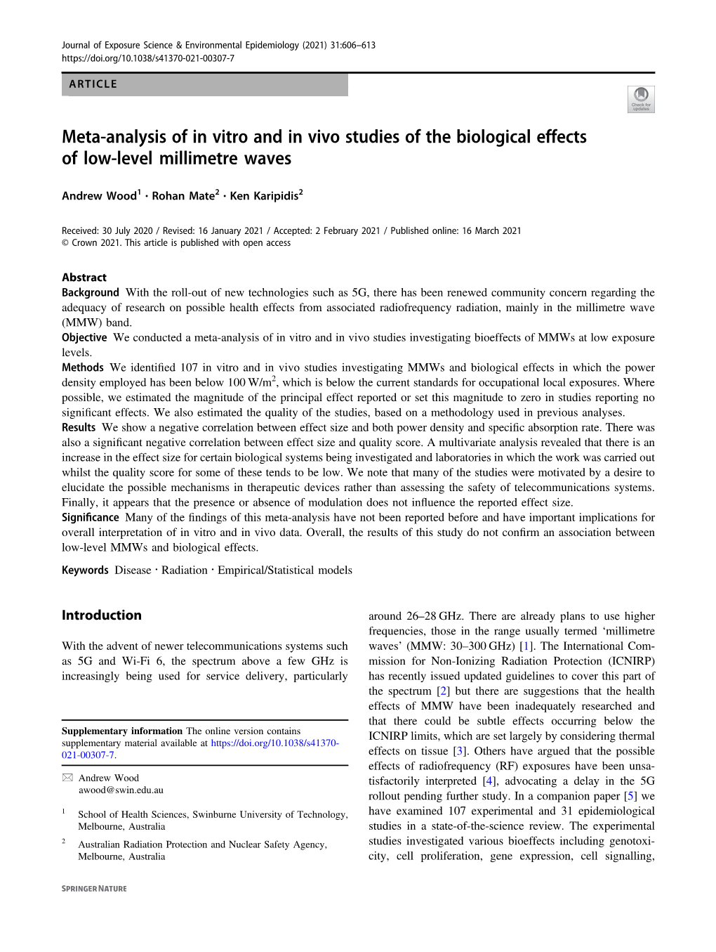 Meta-Analysis of in Vitro and in Vivo Studies of the Biological Effects of Low-Level Millimetre Waves