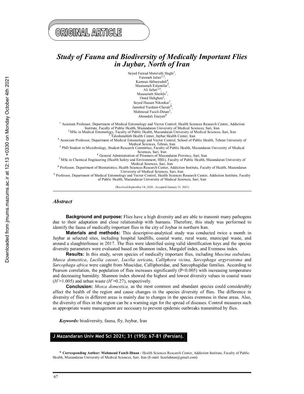 Study of Fauna and Biodiversity of Medically Important Flies in Juybar, North of Iran