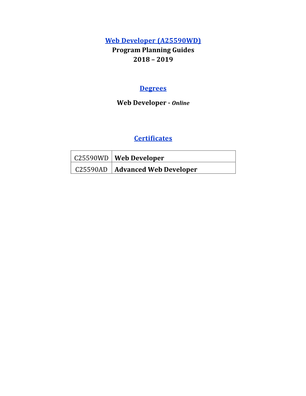 Web Developer (A25590WD) Program Planning Guides 2018 – 2019