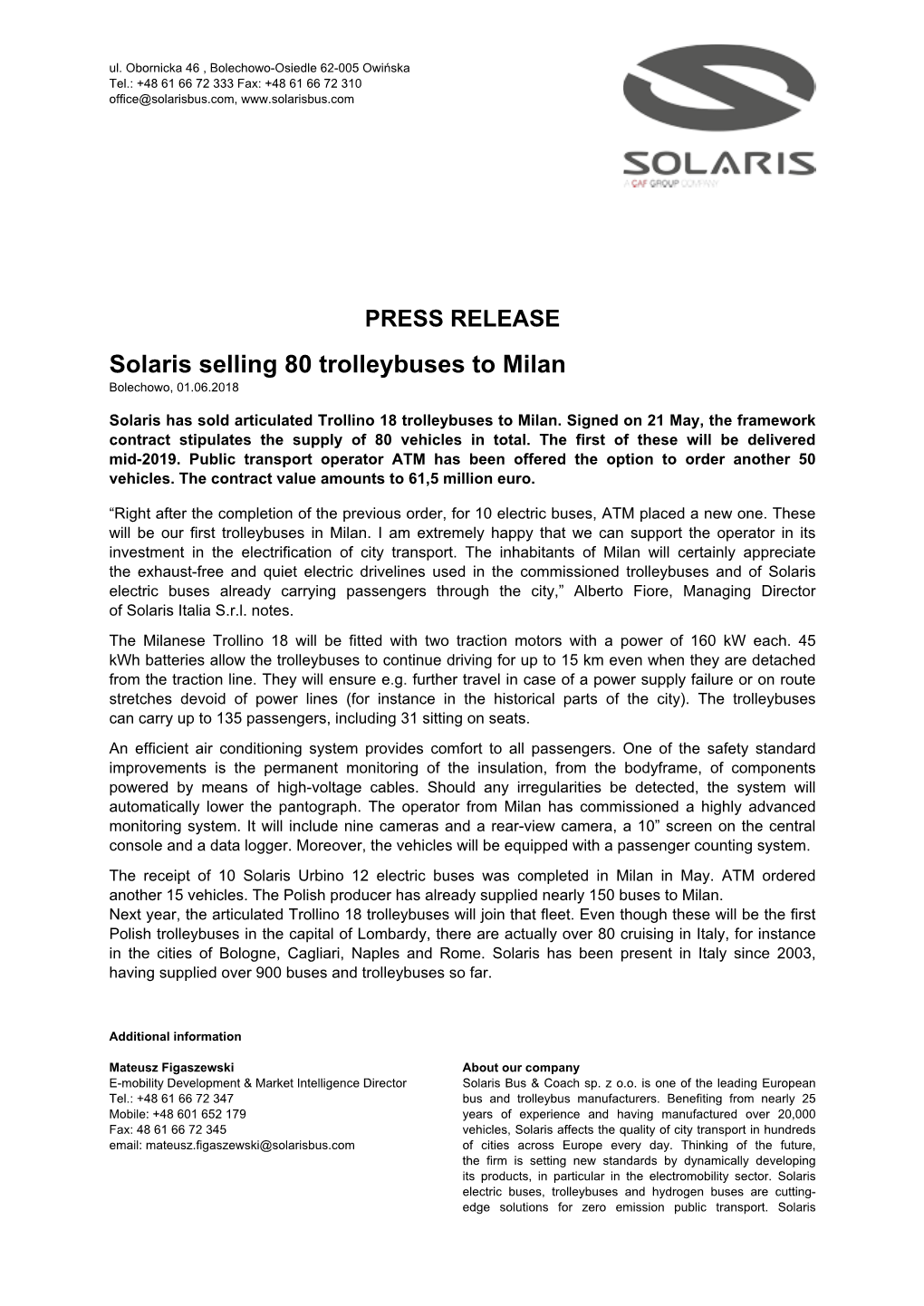 PRESS RELEASE Solaris Selling 80 Trolleybuses to Milan