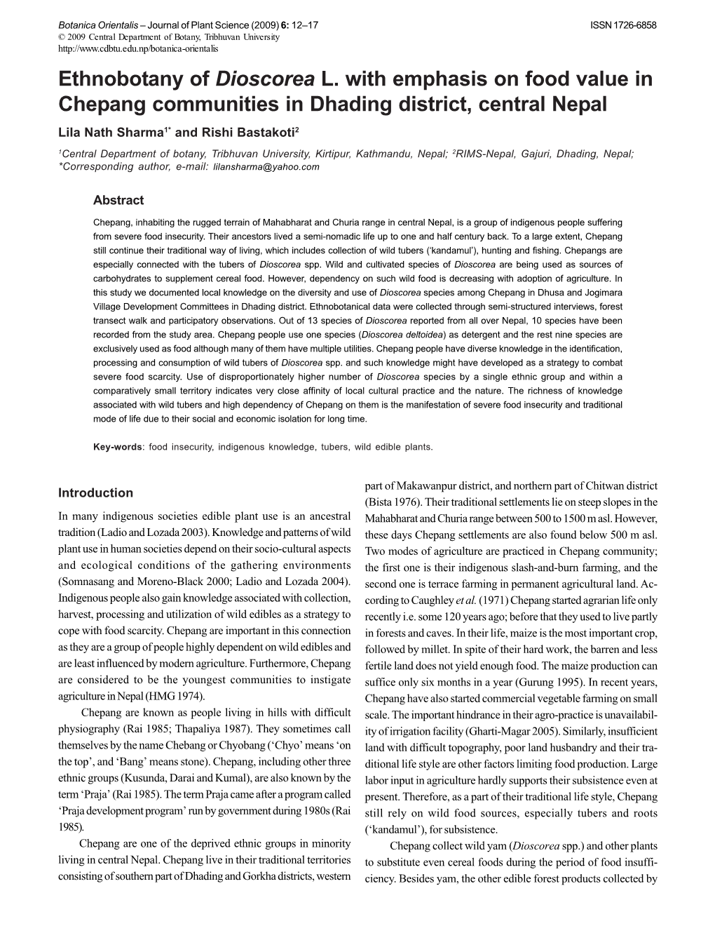 Ethnobotany of Dioscorea L. with Emphasis on Food Value in Chepang Communities in Dhading District, Central Nepal