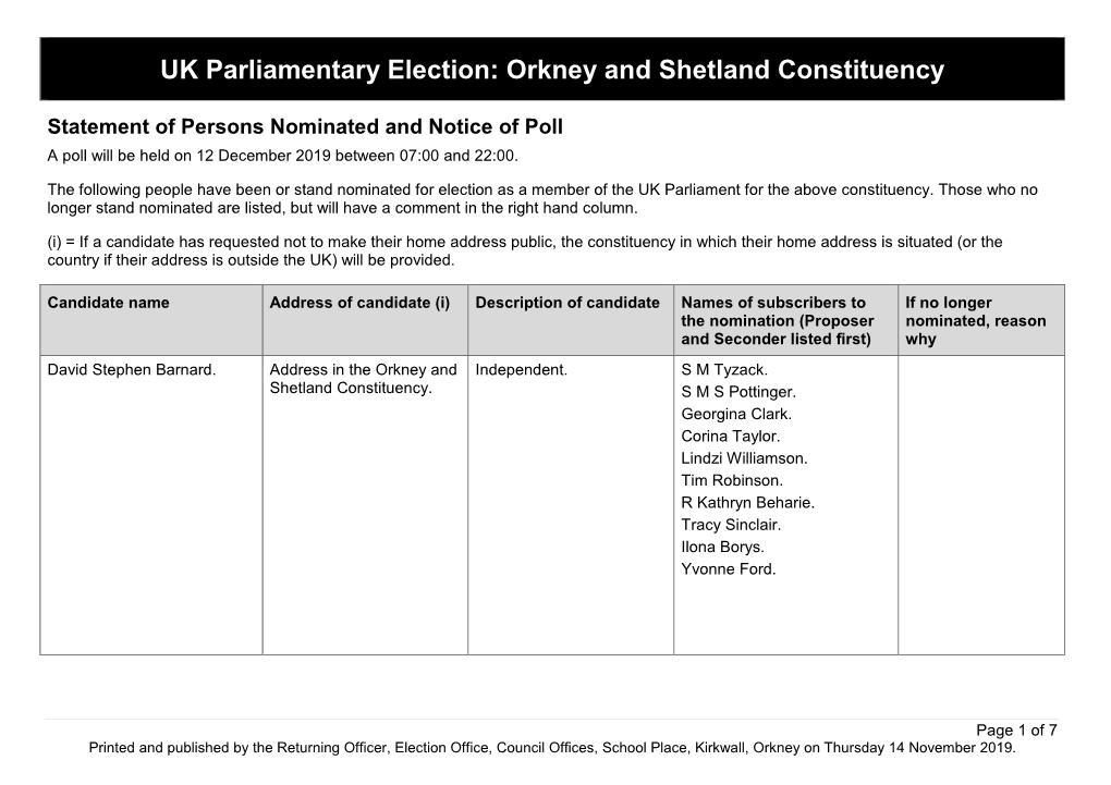 Statement of Persons Nominated and Notice of Poll a Poll Will Be Held on 12 December 2019 Between 07:00 and 22:00