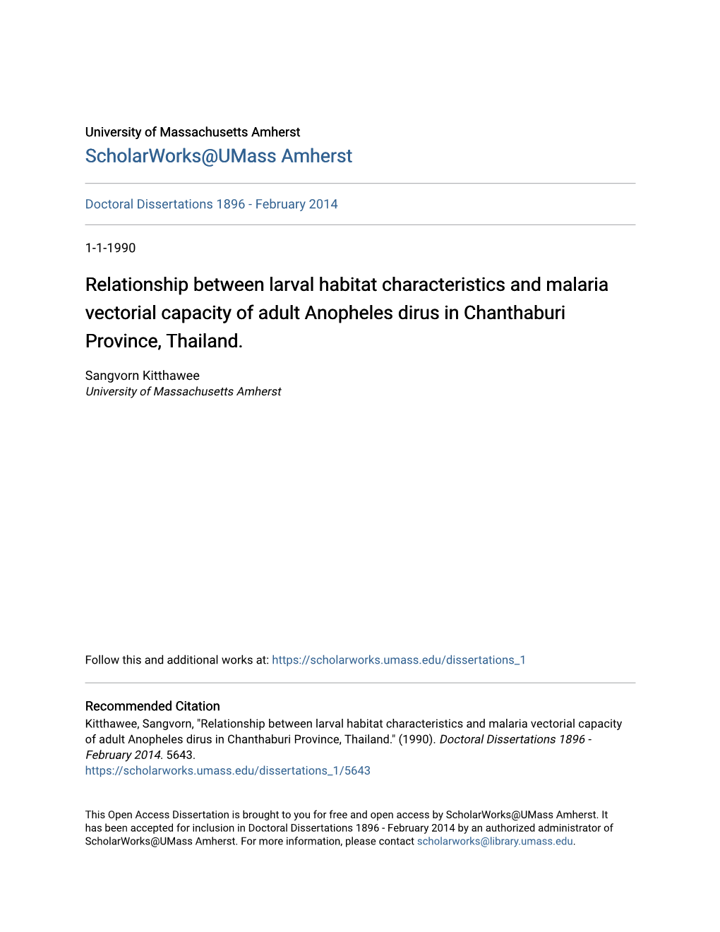 Relationship Between Larval Habitat Characteristics and Malaria Vectorial Capacity of Adult Anopheles Dirus in Chanthaburi Province, Thailand