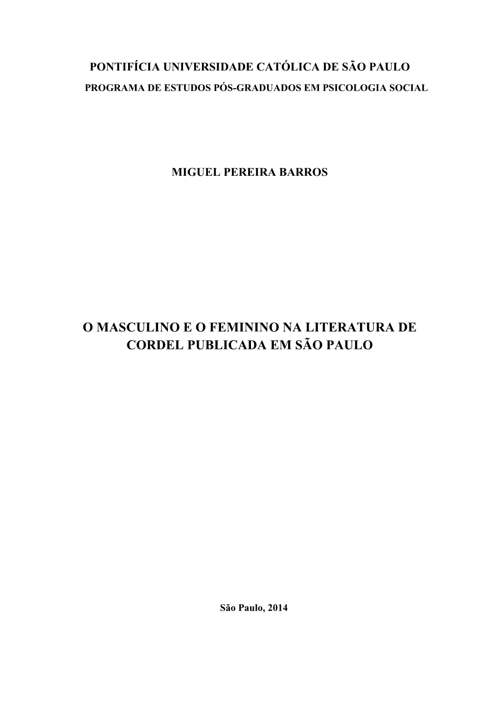 O Masculino E O Feminino Na Literatura De Cordel Publicada Em São Paulo