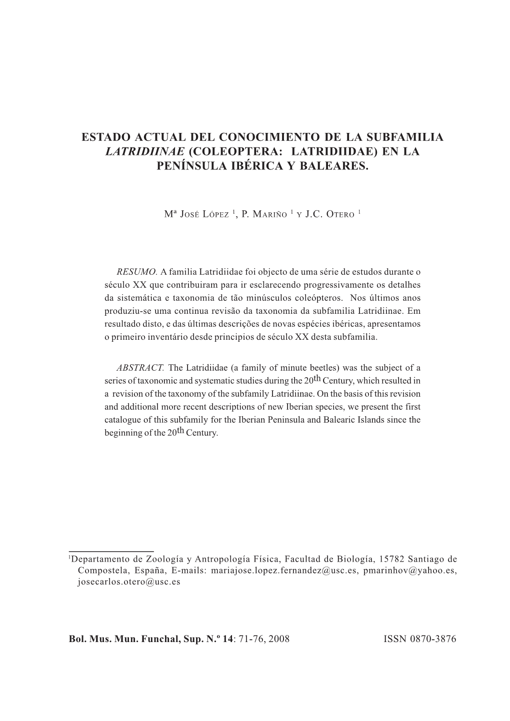 Estado Actual Del Conocimiento De La Subfamilia Latridiinae (Coleoptera: Latridiidae) En La Península Ibérica Y Baleares