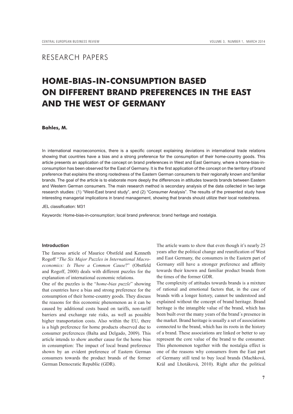 Home-Bias-In-Consumption Based on Different Brand Preferences in the East and the West of Germany