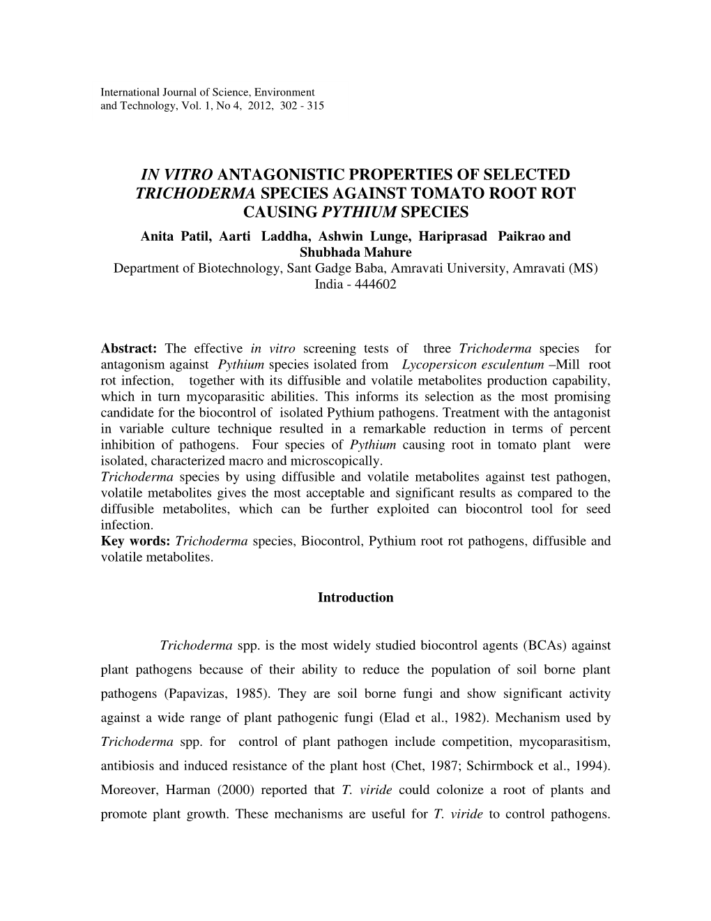 In Vitro Antagonistic Properties of Selected Trichoderma Species