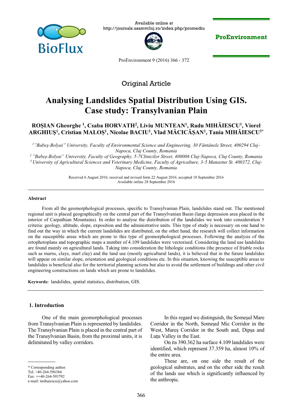 Analysing Landslides Spatial Distribution Using GIS. Case Study: Transylvanian Plain