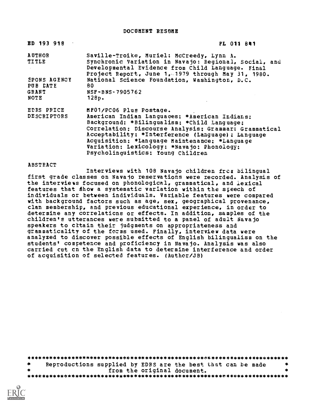 Mccreedy, Lynn A. Synchronic Variation in Navajo: Regional