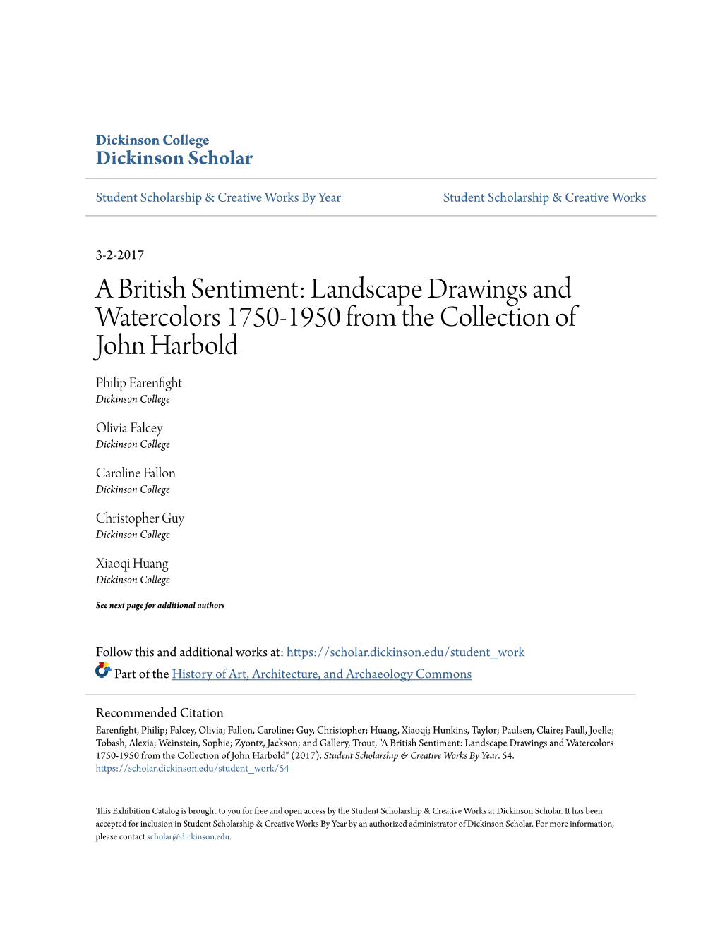 A British Sentiment: Landscape Drawings and Watercolors 1750-1950 from the Collection of John Harbold Philip Earenfight Dickinson College