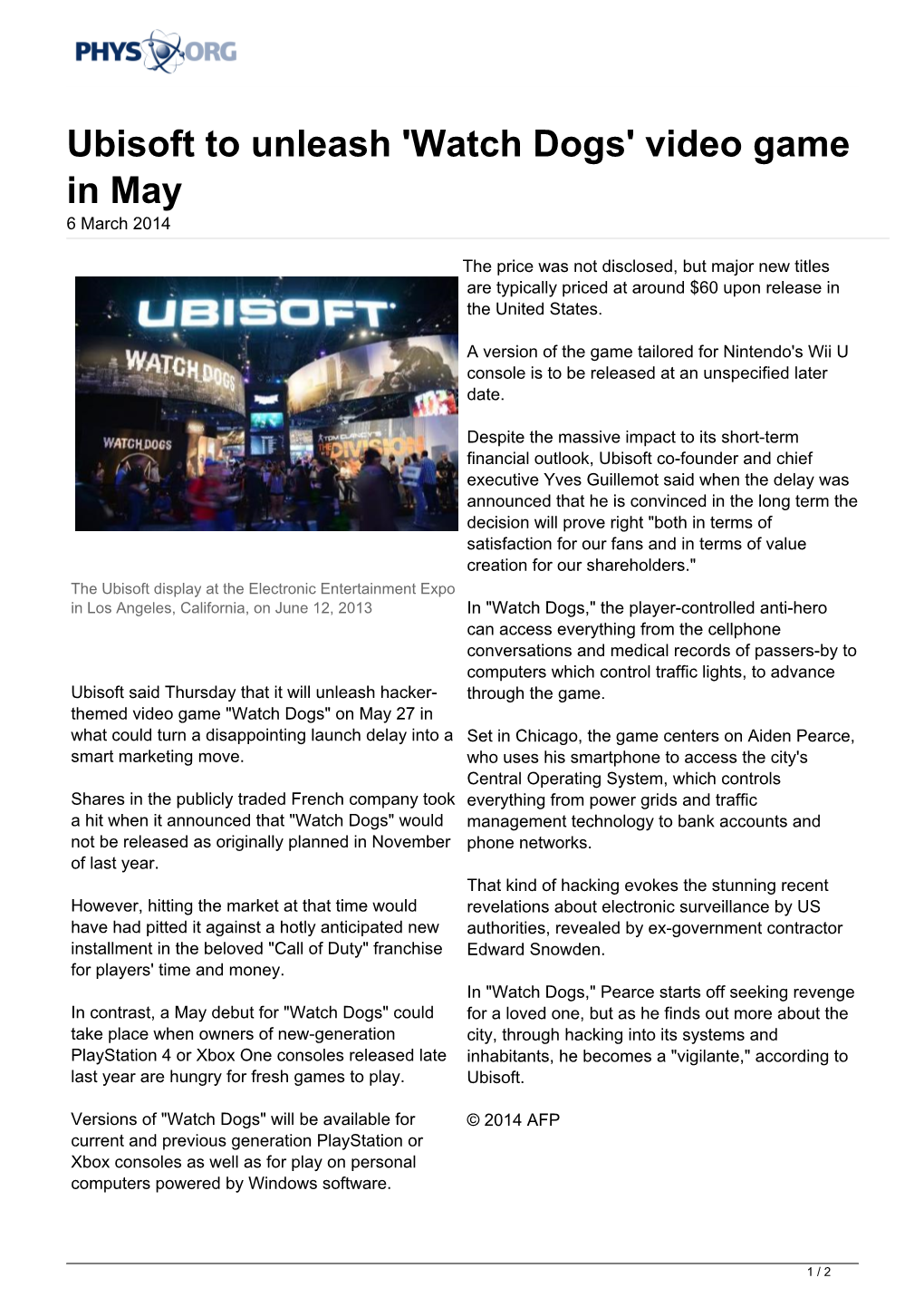 Ubisoft to Unleash 'Watch Dogs' Video Game in May 6 March 2014
