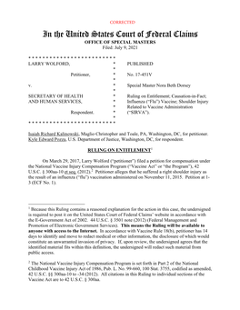 In the United States Court of Federal Claims OFFICE of SPECIAL MASTERS Filed: July 9, 2021