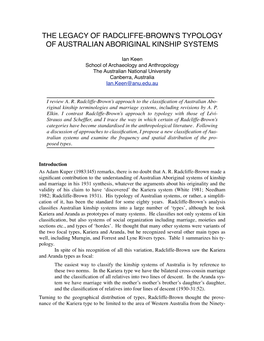 The Legacy of Radcliffe-Brown's Typology of Australian Aboriginal Kinship Systems