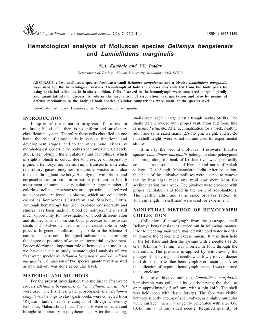 Hematological Analysis of Molluscan Species Bellamya Bengalensis and Lamiellidens Marginalis