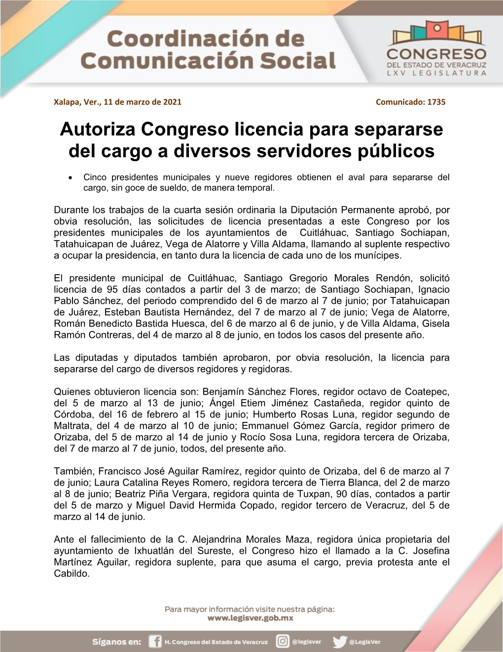Autoriza Congreso Licencia Para Separarse Del Cargo a Diversos Servidores Públicos
