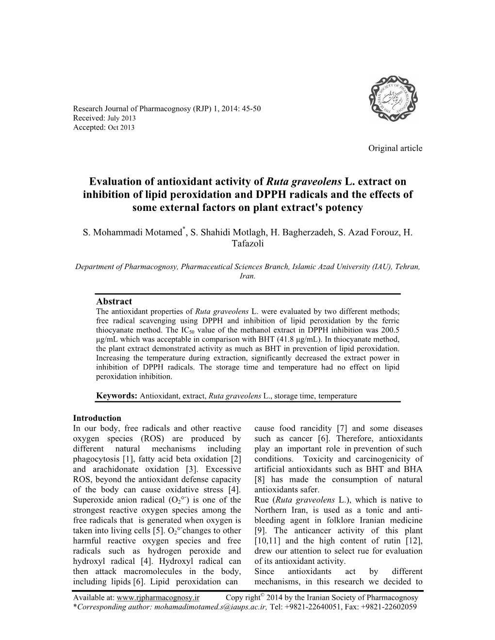 Evaluation of Antioxidant Activity of Ruta Graveolens L. Extract On