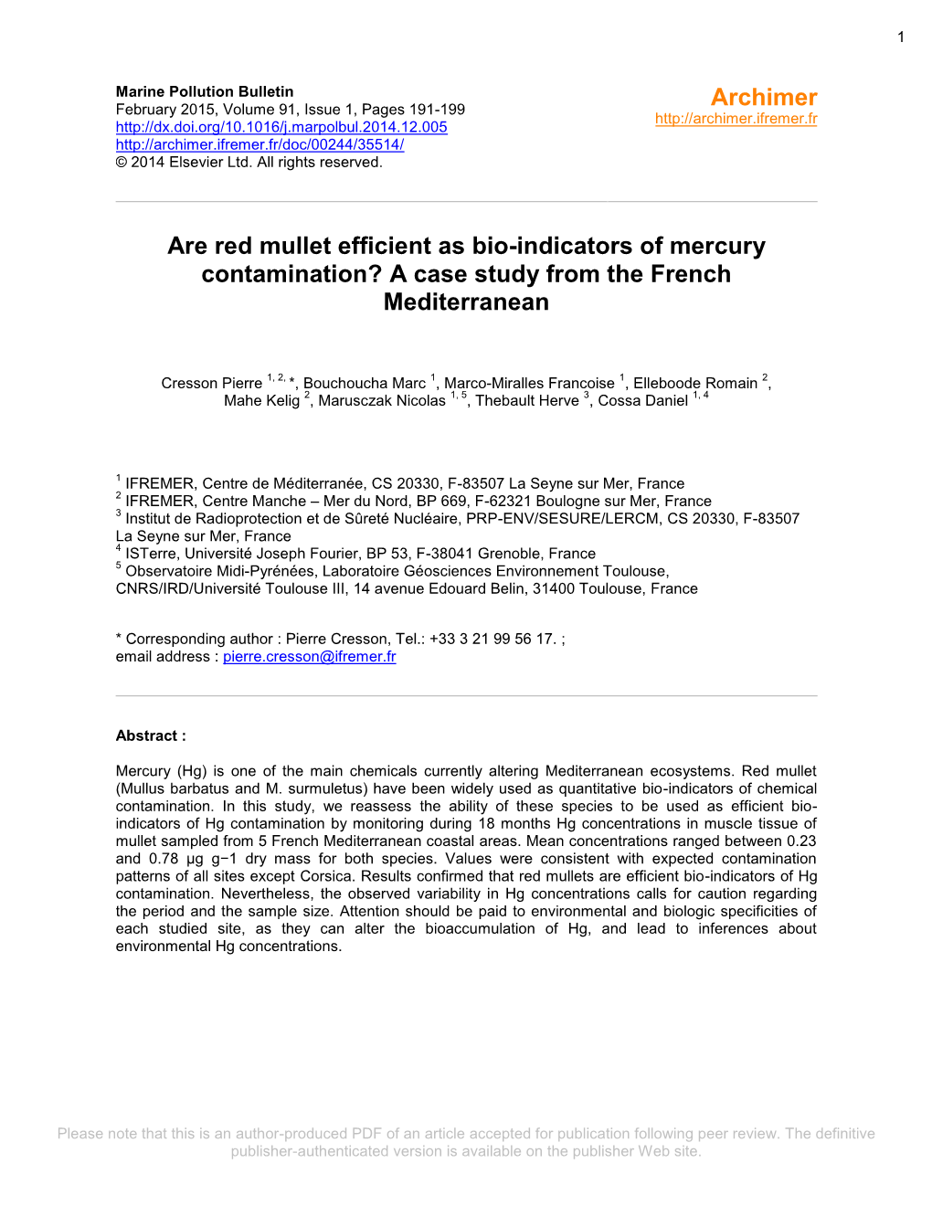 Are Red Mullet Efficient As Bio-Indicators of Mercury Contamination? a Case Study from the French Mediterranean