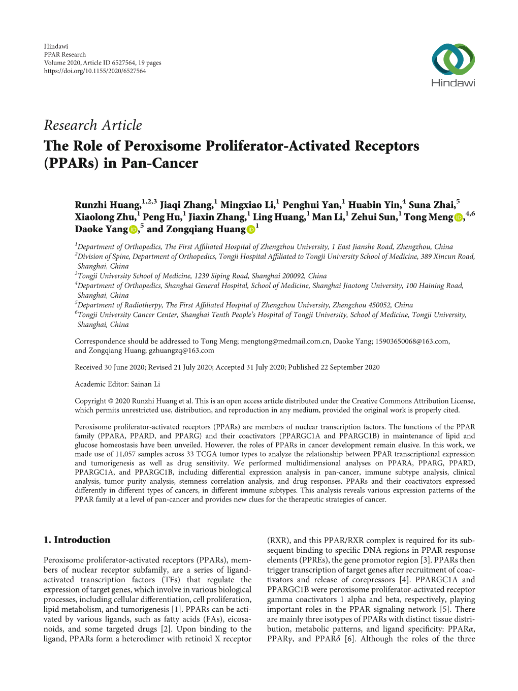 The Role of Peroxisome Proliferator-Activated Receptors (Ppars) in Pan-Cancer