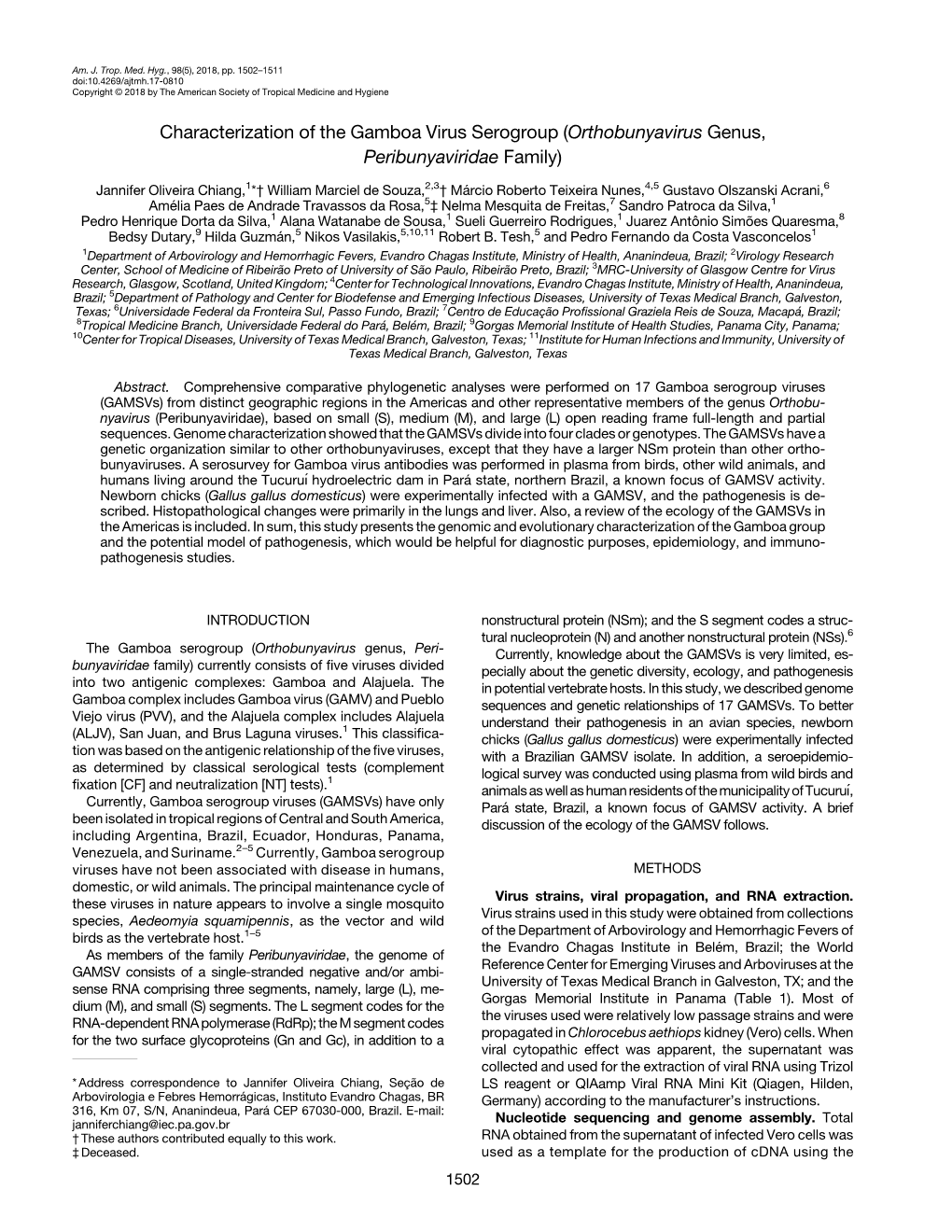 Characterization of the Gamboa Virus Serogroup (Orthobunyavirus Genus, Peribunyaviridae Family)