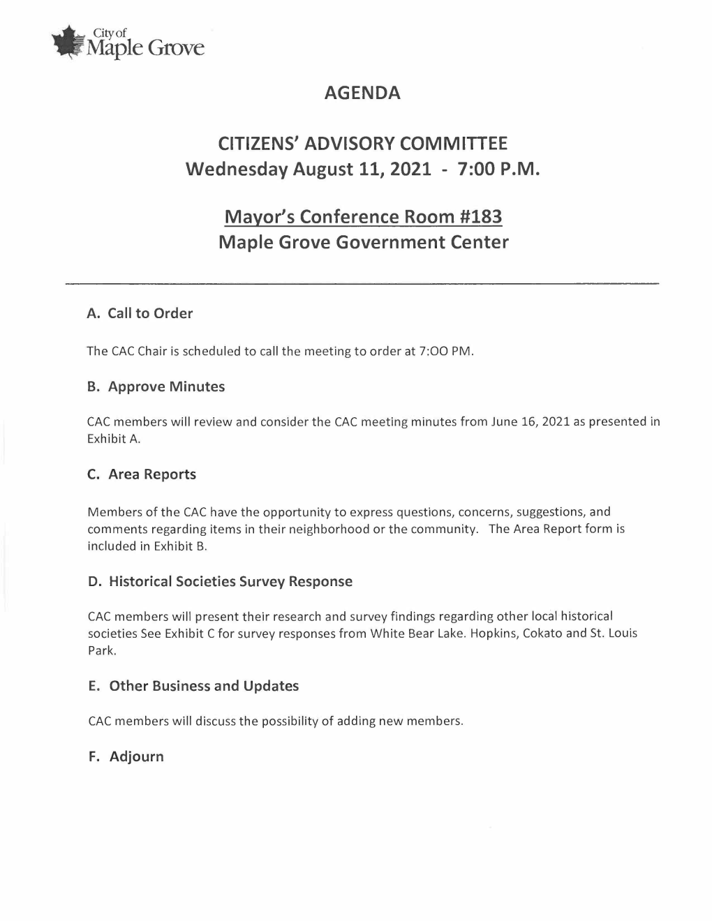 Citizens Advisory Committee Regular Meeting Agenda