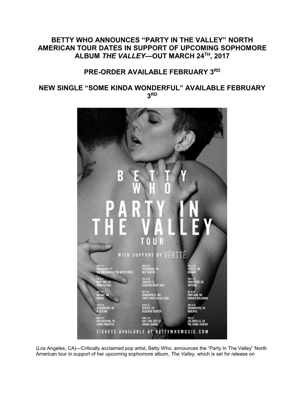 Betty Who Announces “Party in the Valley” North American Tour Dates in Support of Upcoming Sophomore Album the Valley—Out March 24Th, 2017