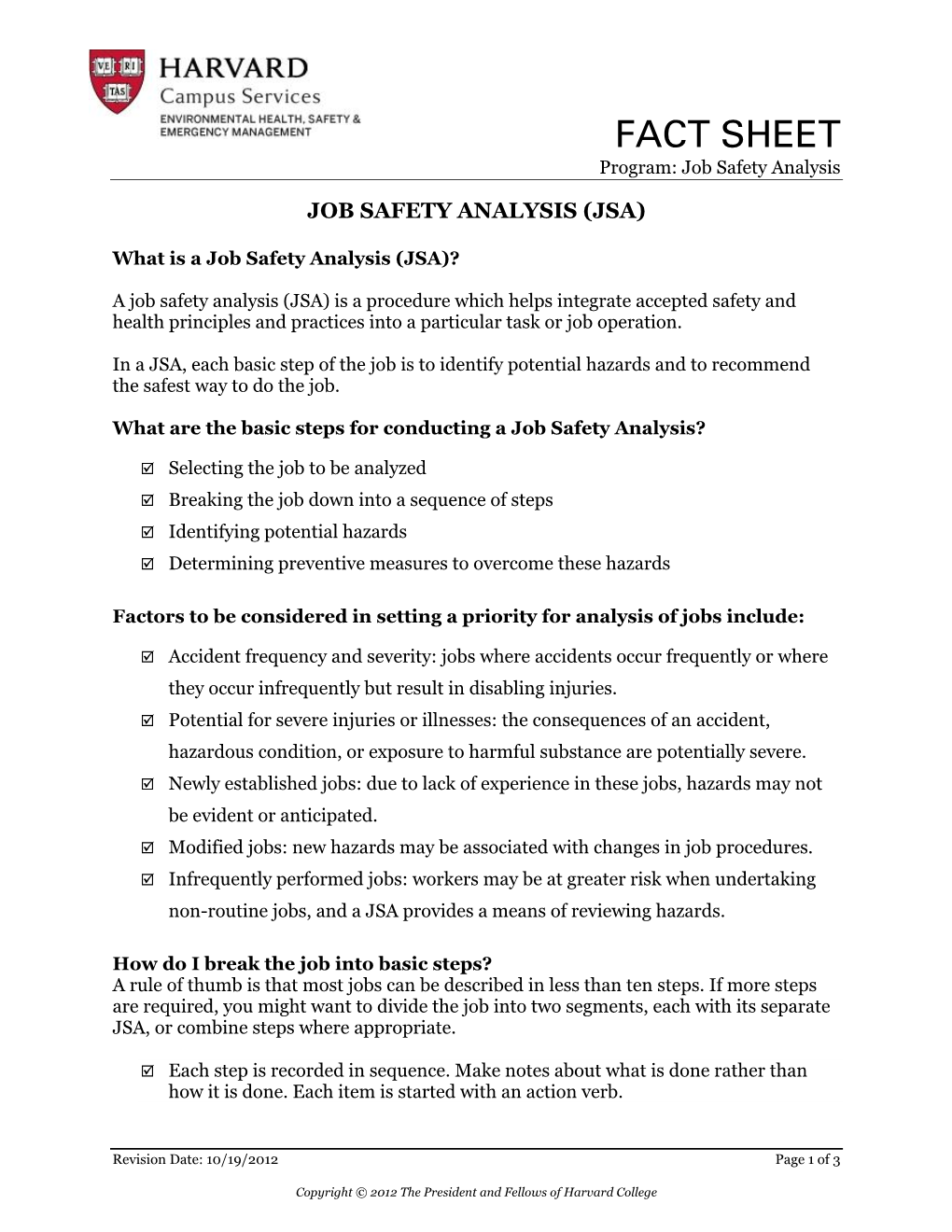 Job Safety Analysis Fact Sheet