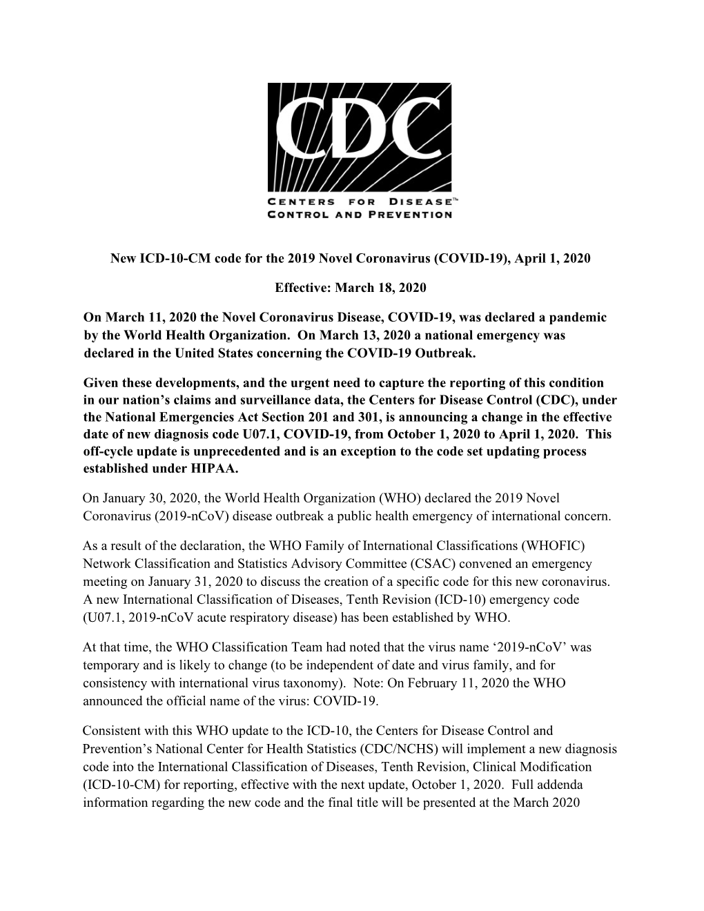 Announcement New ICD 10 Code for Coronavirus 2 20 2020