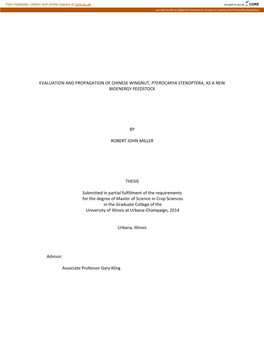 Evaluation and Propagation of Chinese Wingnut, Pterocarya Stenoptera, As a New Bioenergy Feedstock by Robert John Miller Thesis