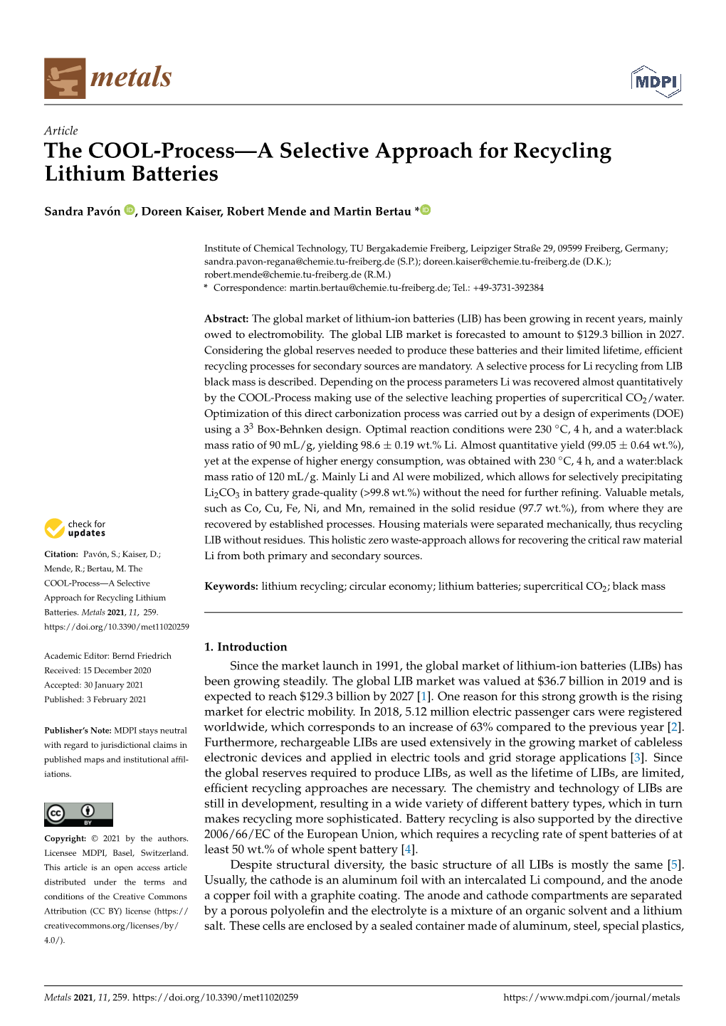 The COOL-Process—A Selective Approach for Recycling Lithium Batteries