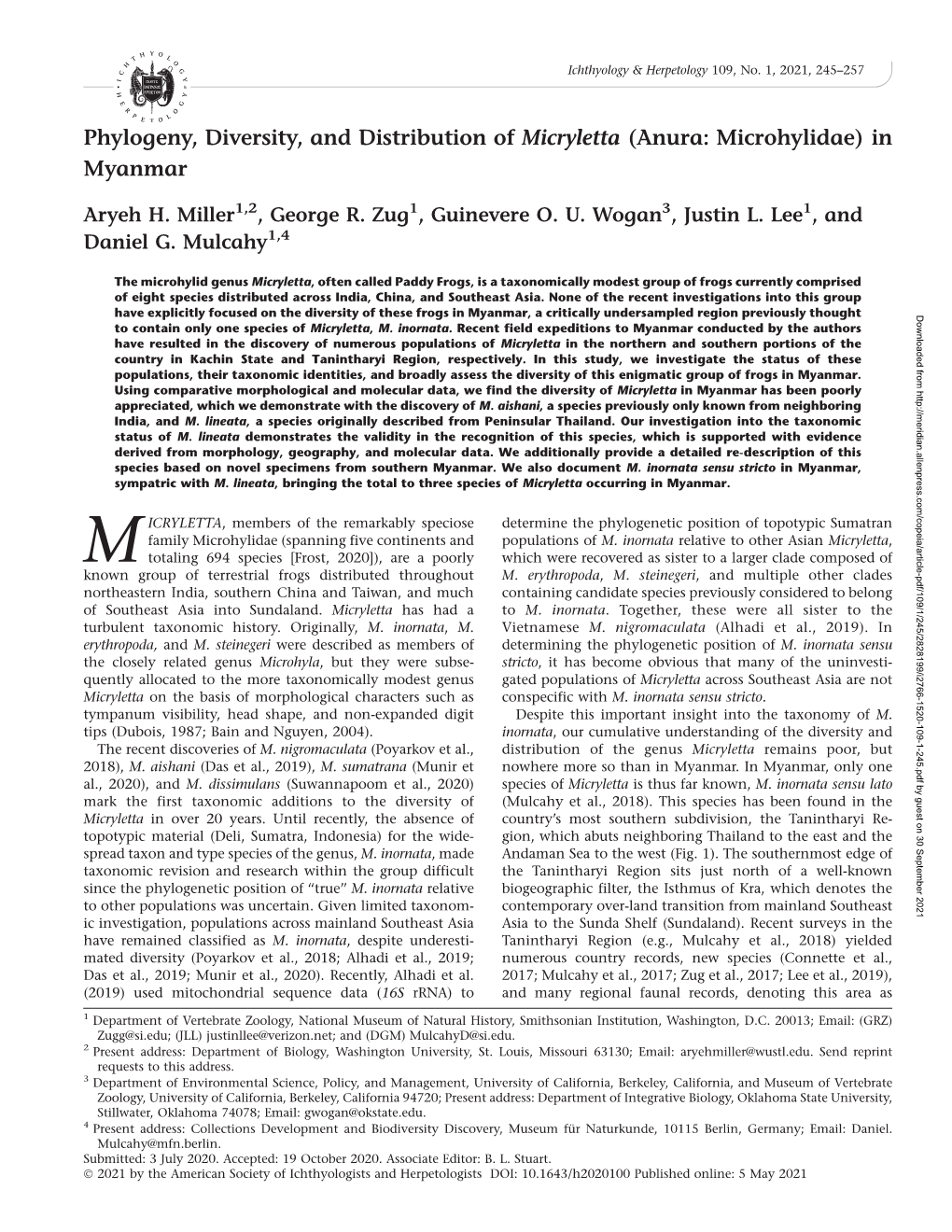 Phylogeny, Diversity, and Distribution of Micryletta (Anura: Microhylidae) in Myanmar