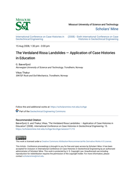 The Verdaland Rissa Landslides Â•Fl Application of Case Histories In