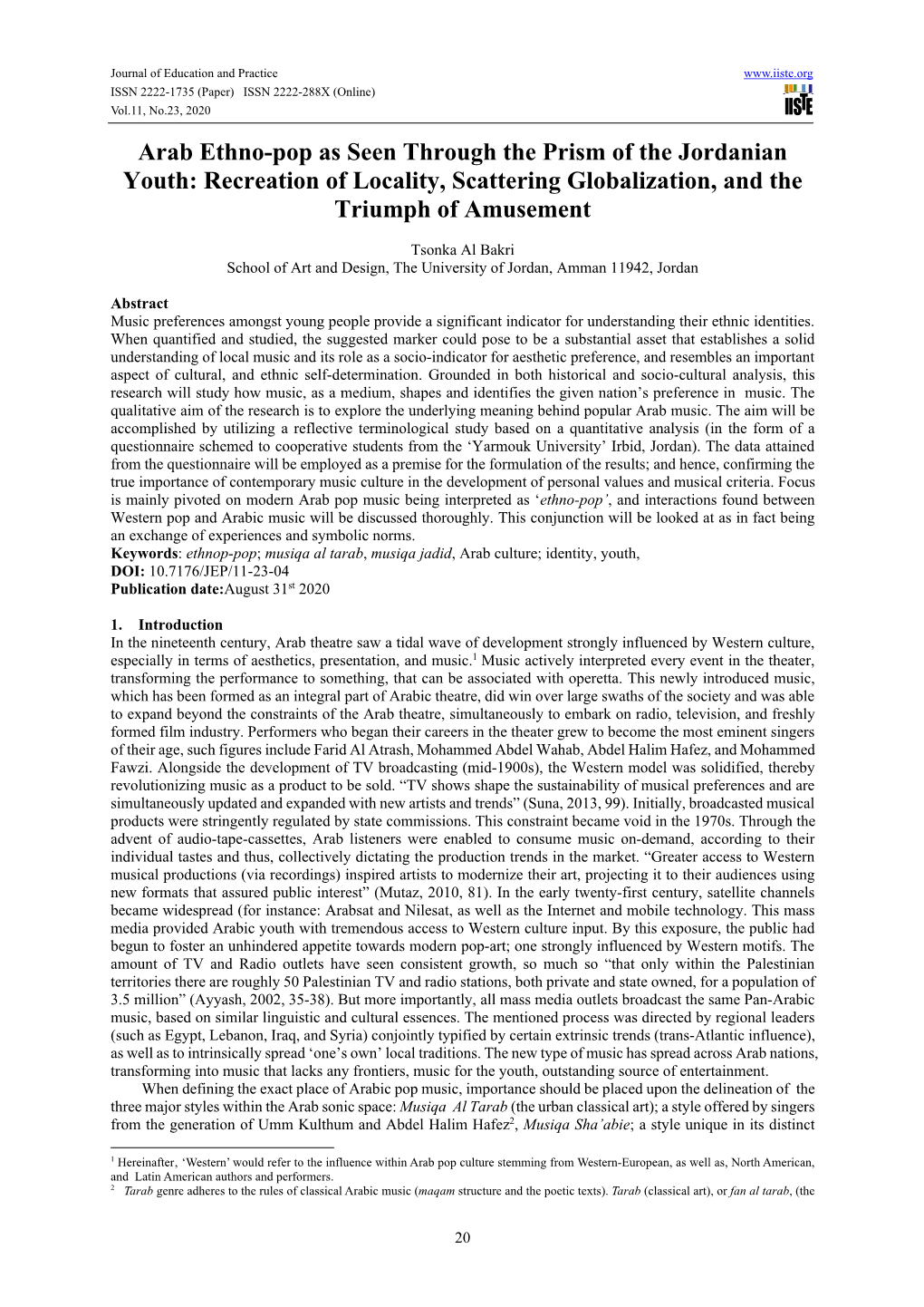 Arab Ethno-Pop As Seen Through the Prism of the Jordanian Youth: Recreation of Locality, Scattering Globalization, and the Triumph of Amusement