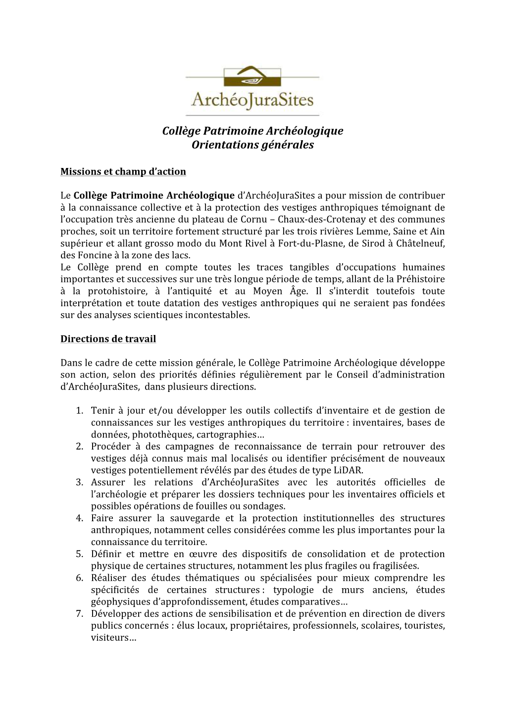 Collège Patrimoine Archéologique Orientations Générales