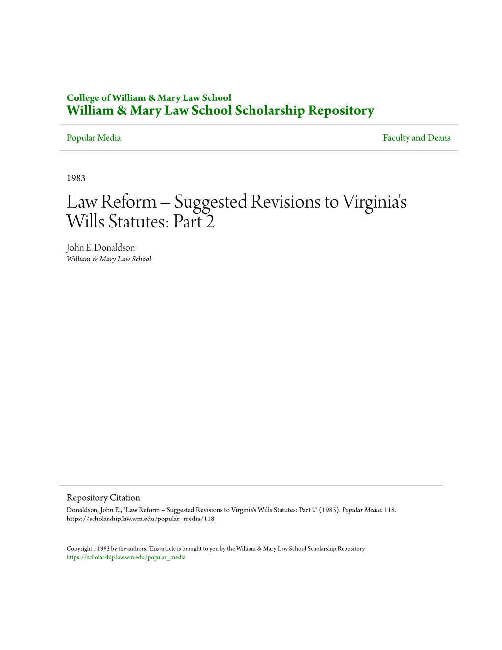 Law Reform – Suggested Revisions to Virginia's Wills Statutes: Part 2 John E