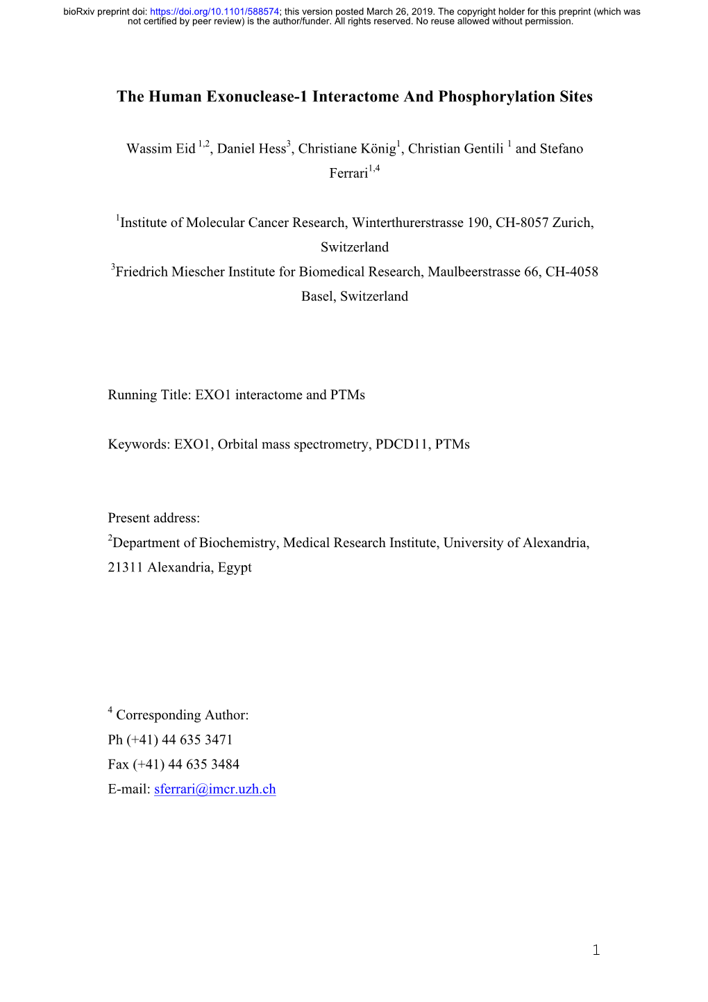 The Human Exonuclease-1 Interactome and Phosphorylation Sites