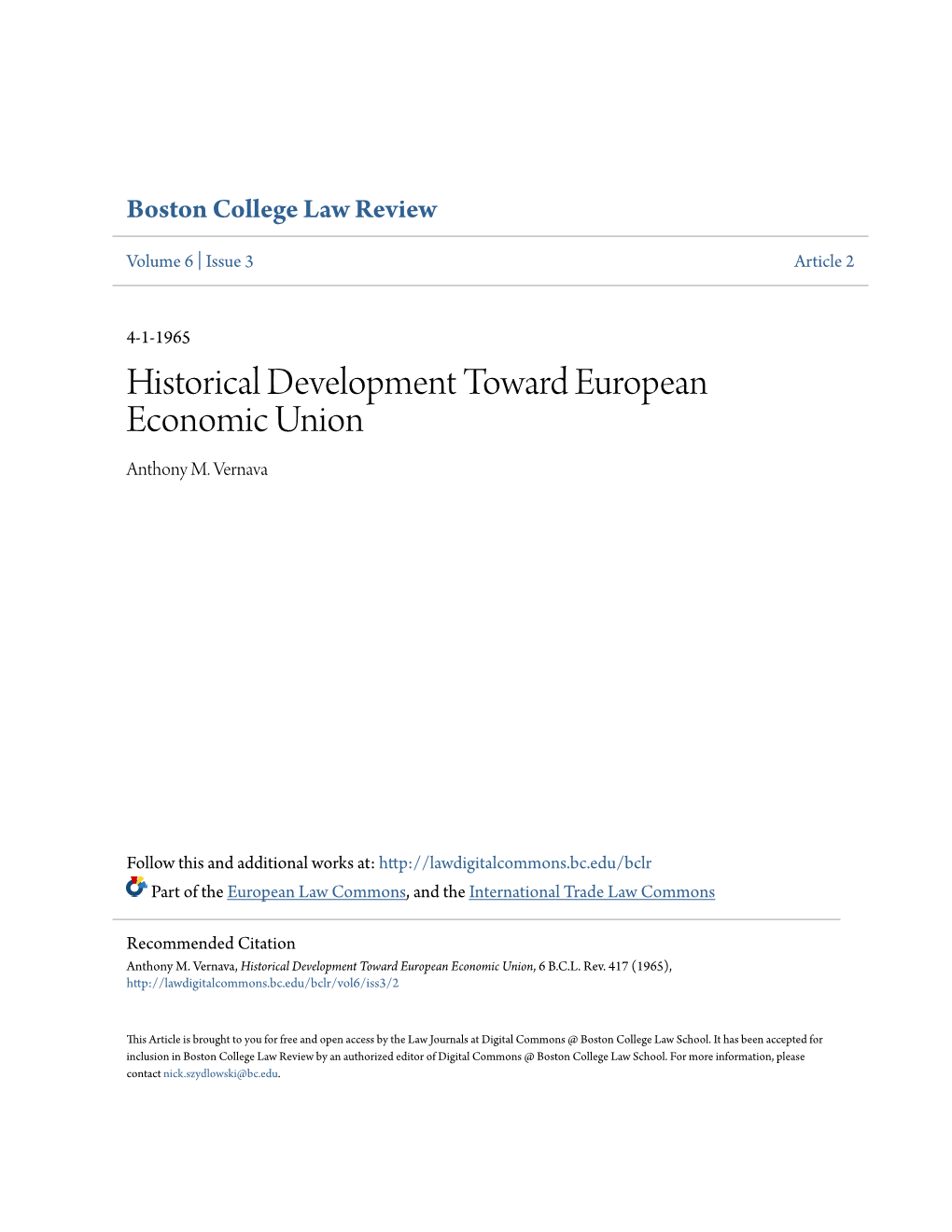 Historical Development Toward European Economic Union Anthony M