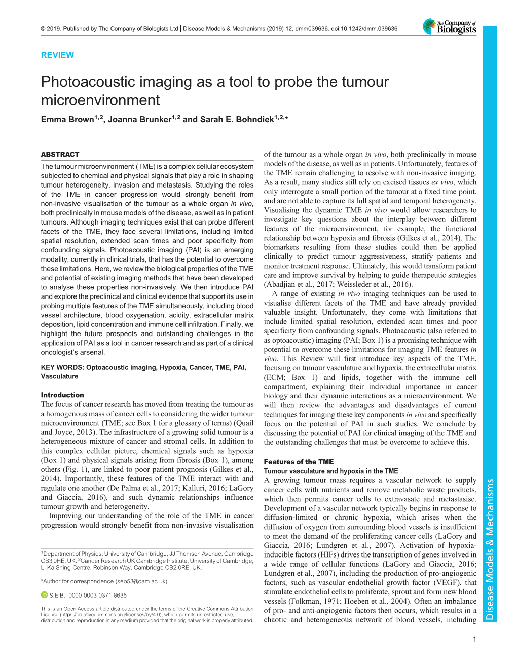 Photoacoustic Imaging As a Tool to Probe the Tumour Microenvironment Emma Brown1,2, Joanna Brunker1,2 and Sarah E