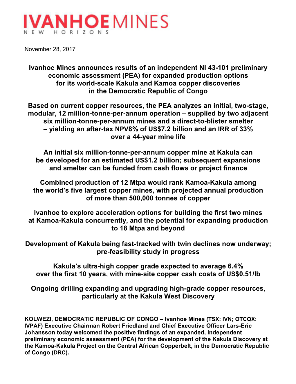 (PEA) for Expanded Production Options for Its World-Scale Kakula and Kamoa Copper Discoveries in the Democratic Republic of Congo