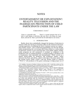 Entertainment Or Exploitation?: Reality Television and the Inadequate Protection of Child Participants Under the Law