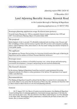 Land Adjoining Bastable Avenue, Renwick Road in the London Borough of Barking & Dagenham Planning Application No.11/00727/FUL
