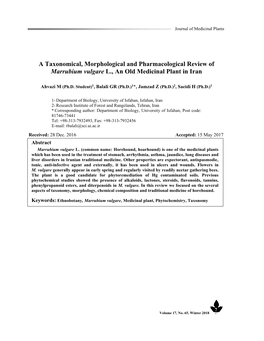 A Taxonomical, Morphological and Pharmacological Review of Marrubium Vulgare L., an Old Medicinal Plant in Iran