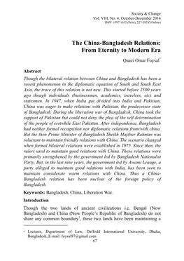 The China-Bangladesh Relations: from Eternity to Modern Era