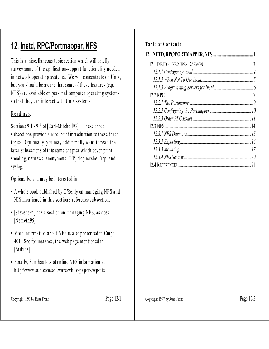 12. Inetd, RPC/Portmapper, NFS Table of Contents 12