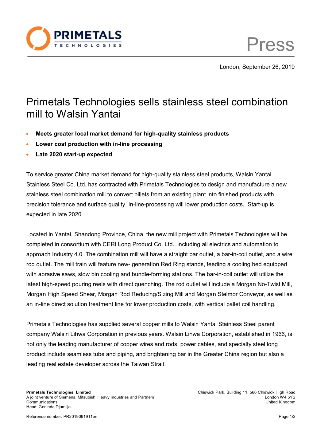 Primetals Technologies Sells Stainless Steel Combination Mill to Walsin Yantai