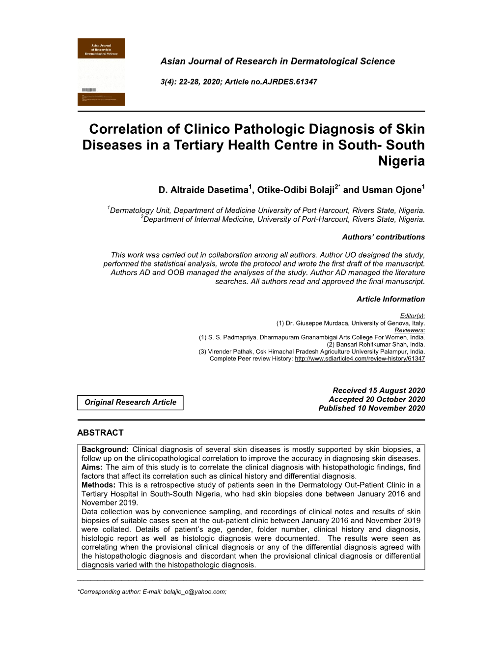 Correlation of Clinico Pathologic Diagnosis of Skin Diseases in a Tertiary Health Centre in South- South Nigeria