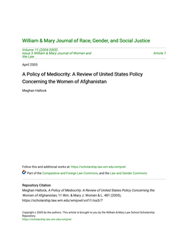 A Review of United States Policy Concerning the Women of Afghanistan