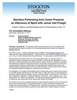 Stockton Performing Arts Center Presents an Afternoon of Spirit with James Van Praagh Psychic, Medium and Best-Selling Author’S Presentation on Oct