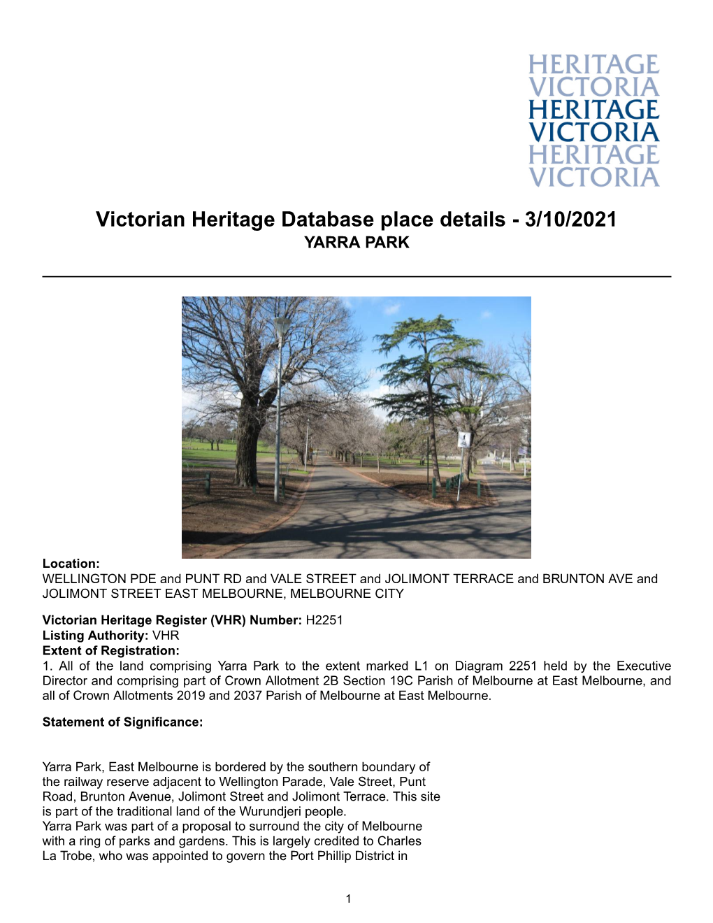 Victorian Heritage Database Place Details - 3/10/2021 YARRA PARK