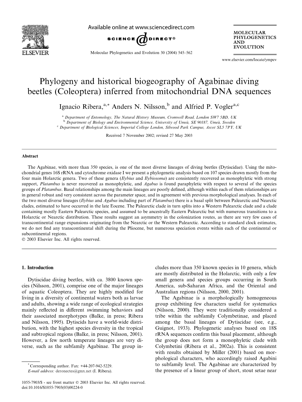 Phylogeny and Historical Biogeography of Agabinae Diving Beetles (Coleoptera) Inferred from Mitochondrial DNA Sequences